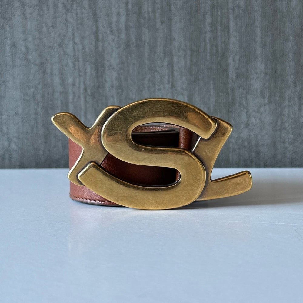 YVES SAINT LAURENT BROWN LEATHER YSL GOLD ENAMEL BUCKLE BELT SIZE L 95CM / 38IN